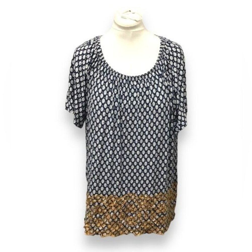 Fever Women’s Short Sleeve Elastic Collar Geometric Tunic, Navy, size 1X
